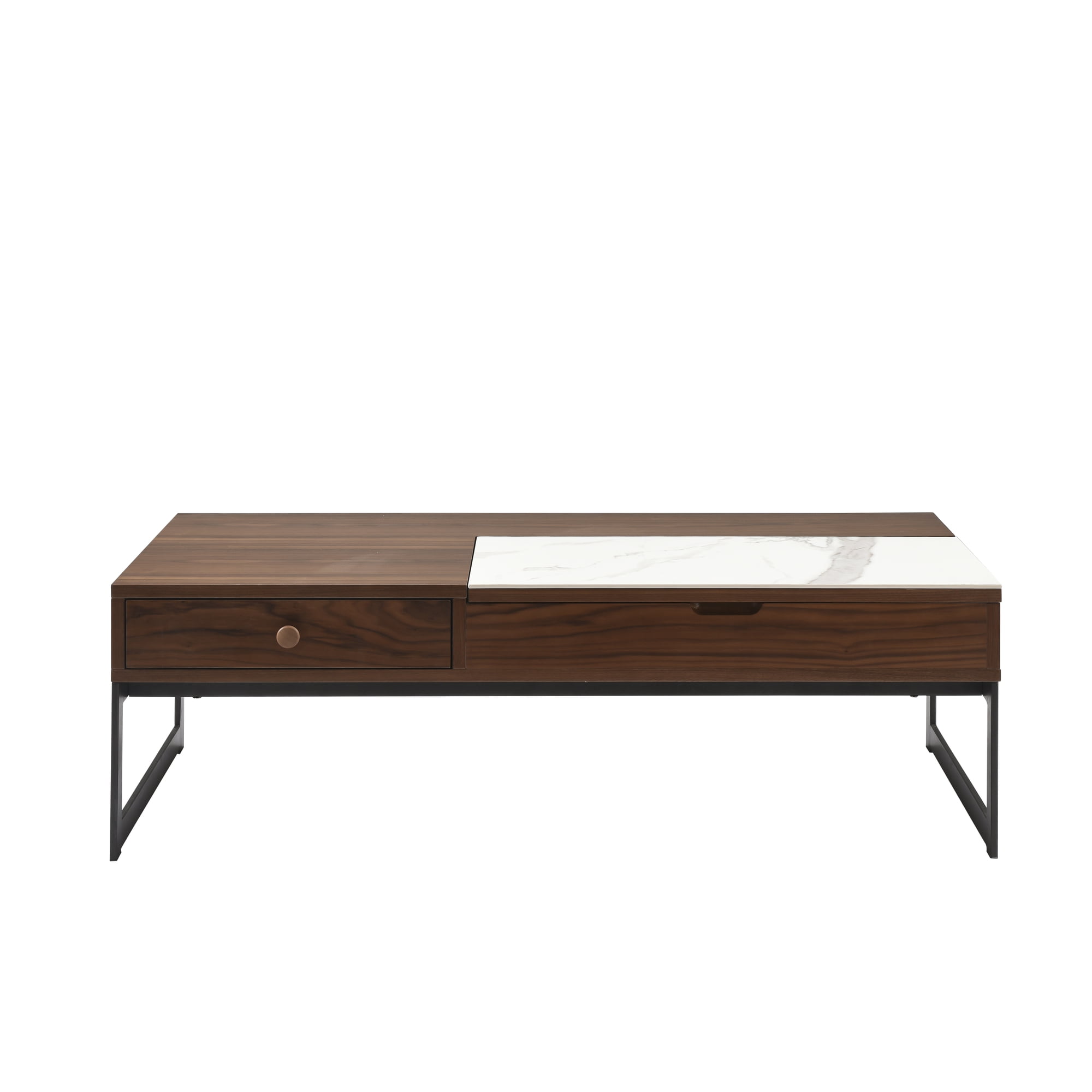 Faye Transitional Rectangular Lift-Top Coffee Table in Walnut Finish with Sintered Stone Panel and Black Metal Base