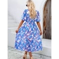 thumbnail image 6 of Women Sundress Summer Floral Short Sleeve Wrap V Neck A-Line Midi Dress Blue M, 6 of 9