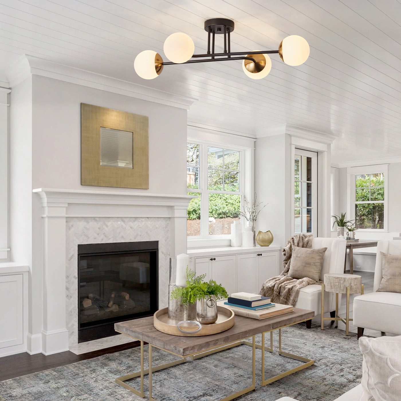 Aiwen Contemporary 4 Lights Semi Flush Mount Ceiling Lamp With Glass Opal Shade