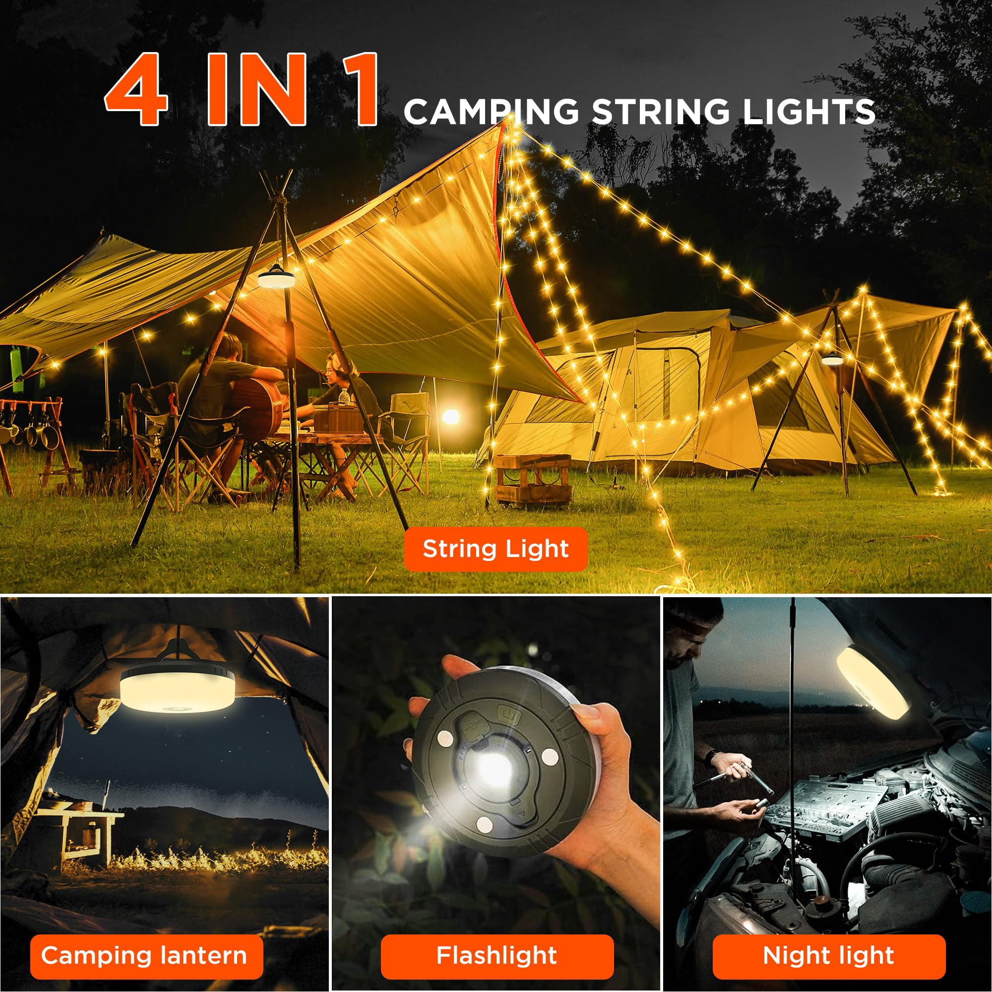 PUCACHI 2-in-1 LED Camping Lantern & 32.8ft String Lights | 8 Lighting Modes, IP44 Waterproof, USB Rechargeable | Portable Outdoor Light for Camping, Hiking, Backyard, Emergency (30s Quick Recovery,