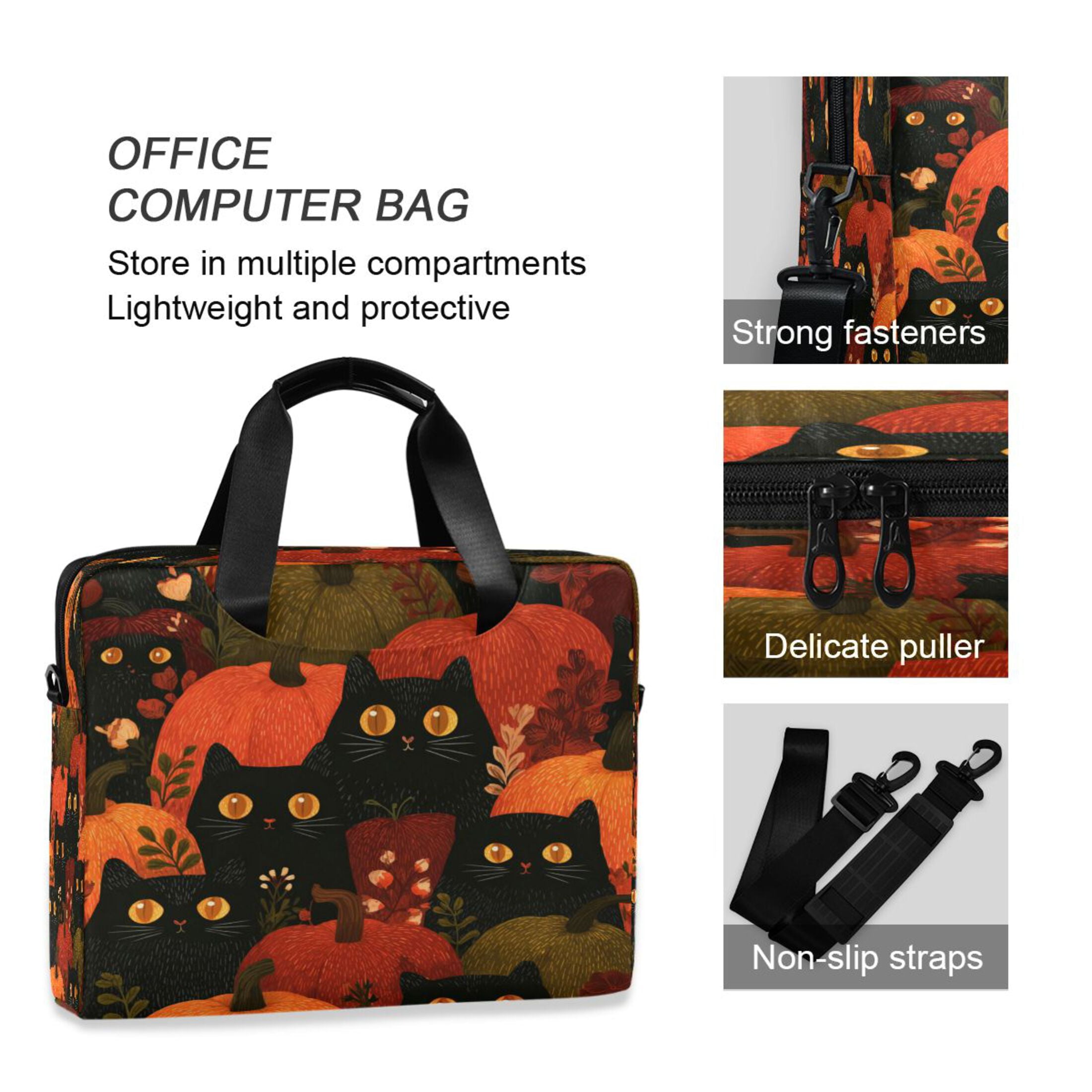 16" Laptop Tote Bag Laptop Sleeve Case Computer Briefcase for Work & Travel Black Cat Surrounded by Pumpkins