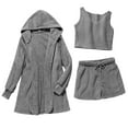 thumbnail image 5 of Womens Fuzzy 3 Piece Outfits Fleece Warm Soft Hooded Cardigan Crop Tank Top Shorts Set Pajamas PJs Loungewear, 5 of 5