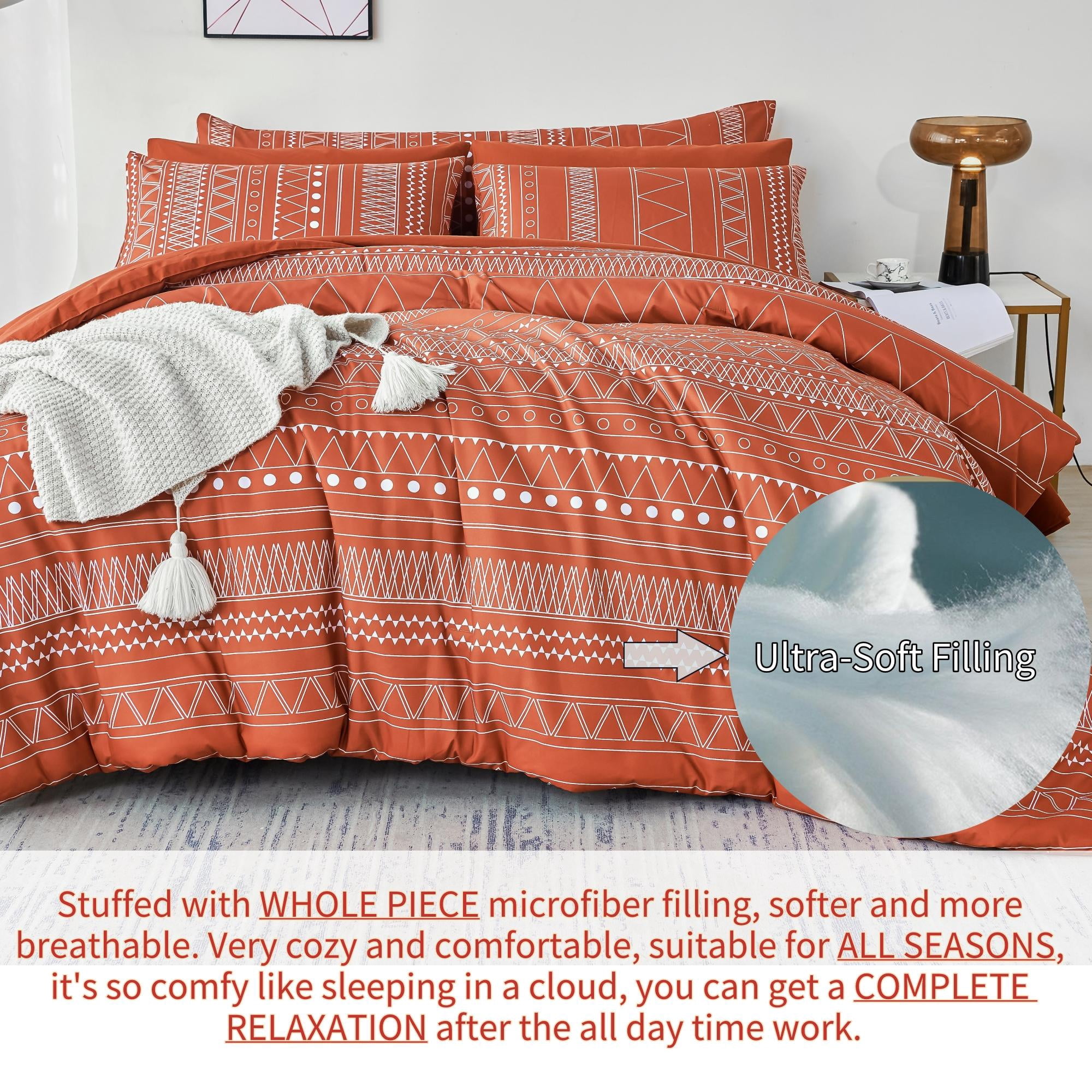 RYNGHIPY Burnt Orange Comforter Set Queen Size, Pumpkin Rust Boho Bed in a Bag Lightweight Microfiber, Terracotta Geometric Comforter Women Men Bedding (Burnt Orange,Queen Size)