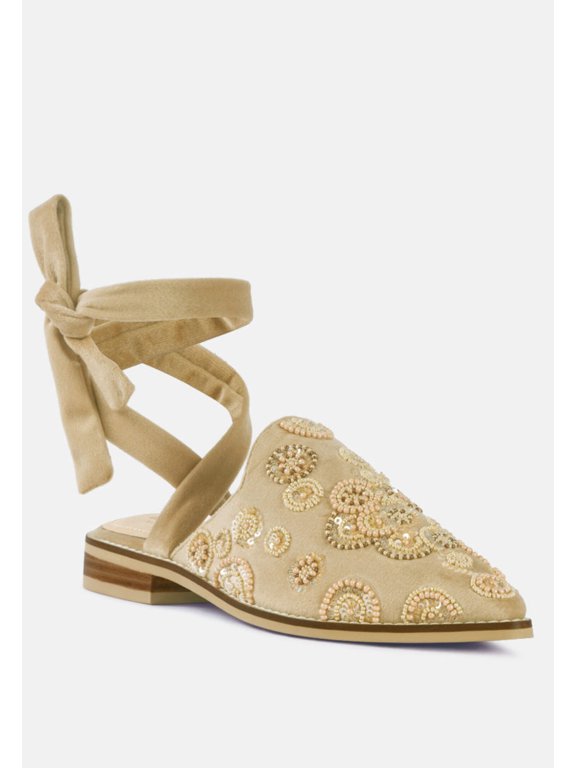 Mande Embroidered Velvet Mules in Beige