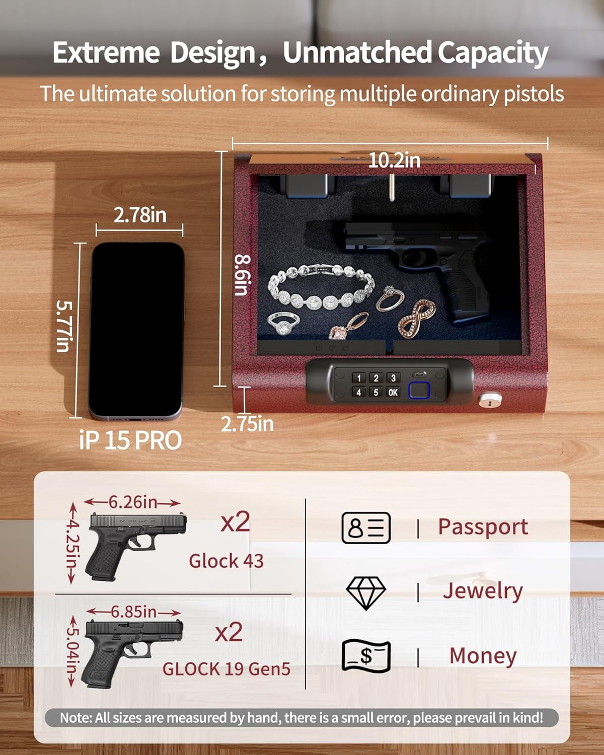 Gun Safe,Biometric Gun Safe for Pistols 3-Ways unlock Fingerprint Digital PIN Key Unlock with Voice,Lock box for Cloakroom living room Bedroom Nightstand and Car Burgundy Red