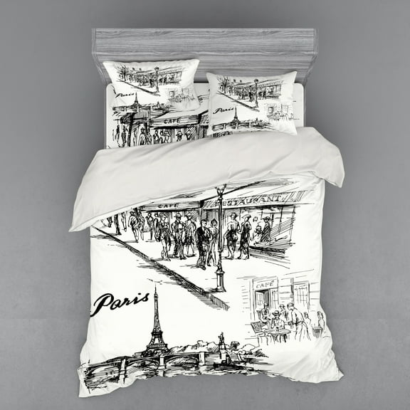 Ambesonne Black White Bedding Set 4 Pcs, Retro Sketchy Paris, Queen, White Black