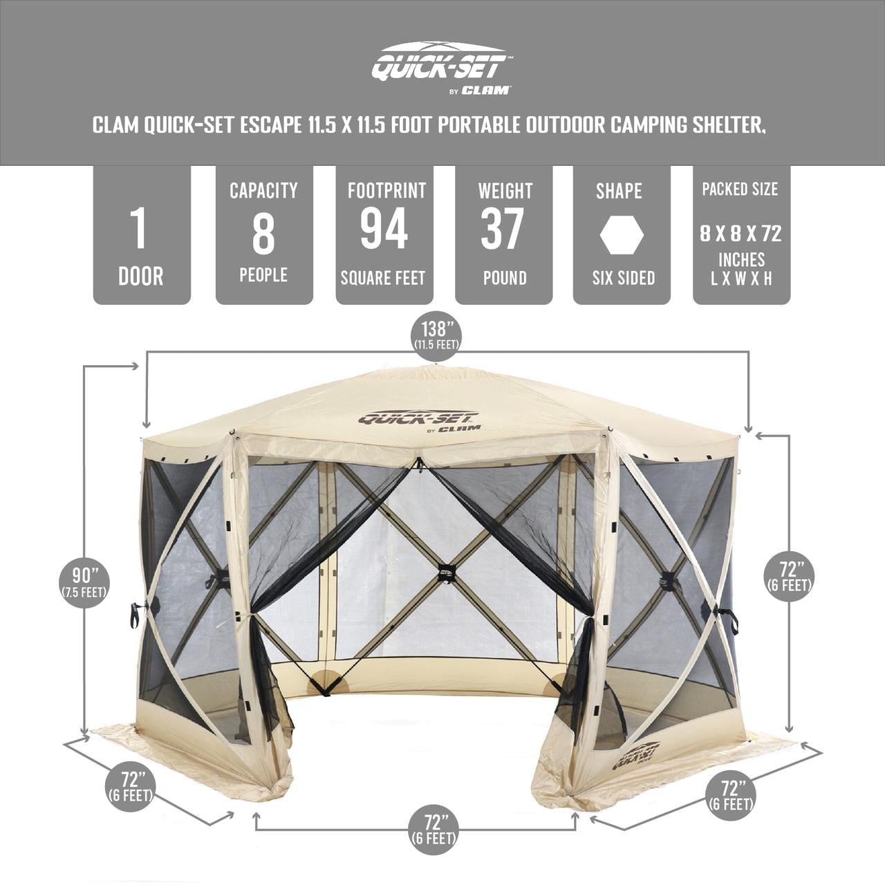 CLAM Quick-Set Escape 11.5 x 11.5 Ft Portable Outdoor Canopy Shelter, Tan 