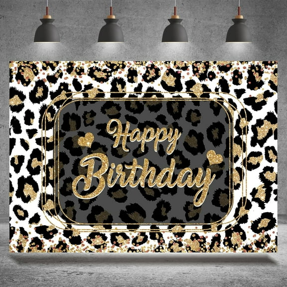Happy Birthday Backdrop Leopard Golden Glitter Photography Background for Adult Leopard 20th 30th 40th 50th 60th 70th Birthday Party Decoration Supplies Banner Photo Booth Studio Props 7x5ft
