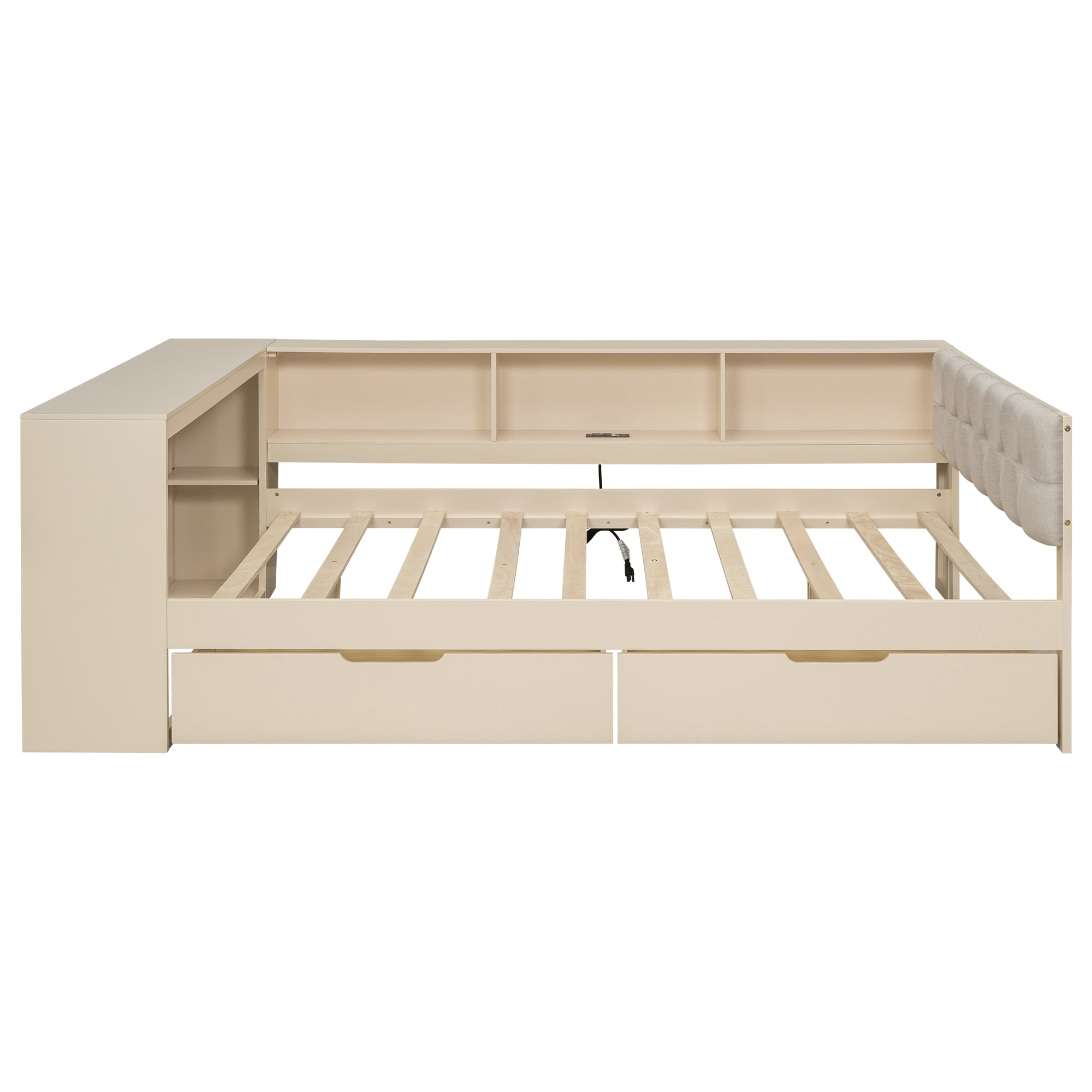 Euroco Wood Full Size Platform Bed with Desk and Shelves, Drawers and USB Charging, Cream