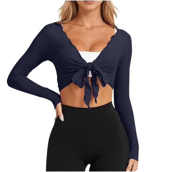 Staron Women's Short Sleeve Wrap Cardigan Yoga Cover Up Casual Cropped Top with Hood Comfortable Sports Leisure Tops, Navy L