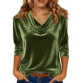 thumbnail image 3 of TaTaai Women's Solid Color Golden Velvet Drape Pleated Collar Three Quarter Sleeve Blouses, Elegant Temperament Commute All Match Slim Tops Gift, 3 of 8