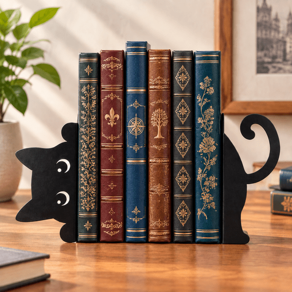Split Hollow Peeping Black Cat Metal Bookends Set of 2 Sets, Thick Load-Bearing Matte Book Ends for Shelves, Adjustable Spacing Decorative Bookend Gift for Readers & Cat Lovers