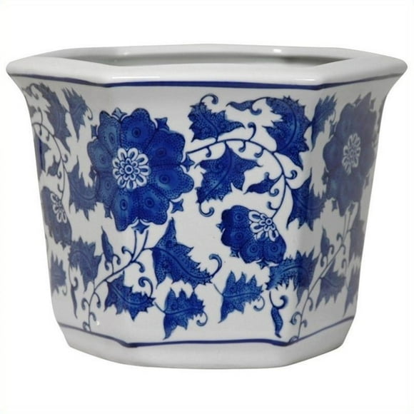 Oriental Furniture 10" Hexagonal Flower Pot en Bleu et Blanc