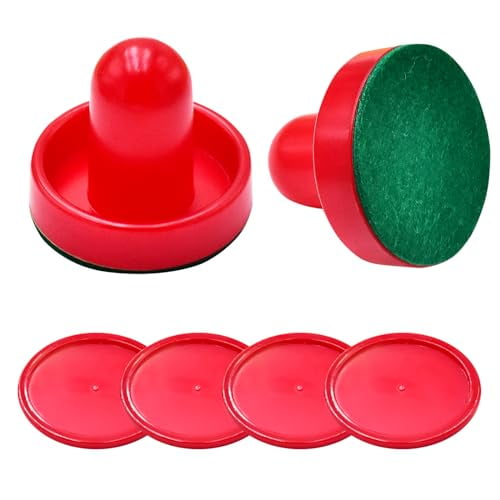 1 Set Mini Air Hockey Pushers and Air Hockey Pucks Great Goal Handles Pushers Goal Handles Paddles Replacement Accessories - 2 Red Air Hockey Pushers and 4 Red Pucks (60mm)