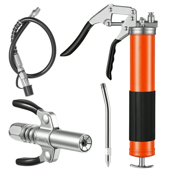 KFFKFF Pistol Grip Grease Gun Kit, 8000 PSI, 14 oz Capacity, Includes 18-Inch Flexible Hose, Dual Handle Coupler, Rigid Extension Pipe & Sharp Nozzle for Automotive and Marine Use