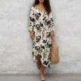 thumbnail image 4 of DISNIMO Womens Linen Style Dresses Floral Printed 3/4 Sleeve Maxi Dress Casual V Neck Midi Dresses Loose Fit Dress, S, 4 of 6
