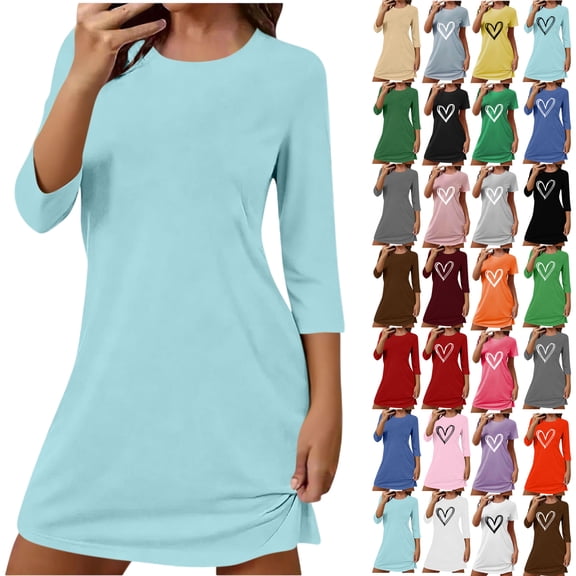 Summer Dresses for Women, Womens Sleep Shirt Solid Round Neck Long Sleeved Loose Mid Calf Nightgown