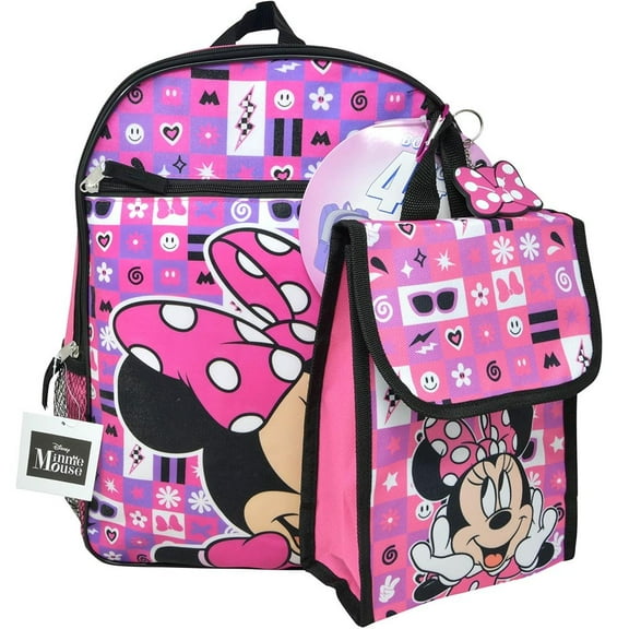 Walt Disney Minnie Mouse 16" Pink Nylon Backpack with Lunch Bag set for Girls 3 