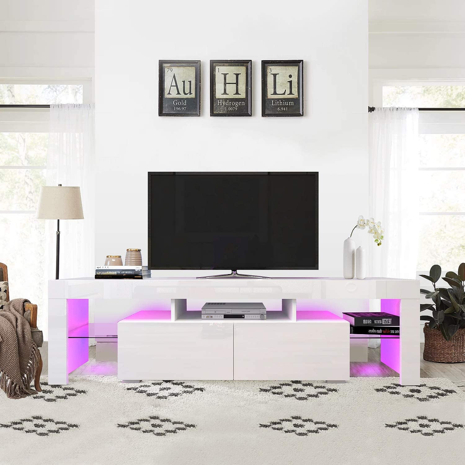 White TV Stand for 75 Inch TV, Modern High Glossy TV with 16