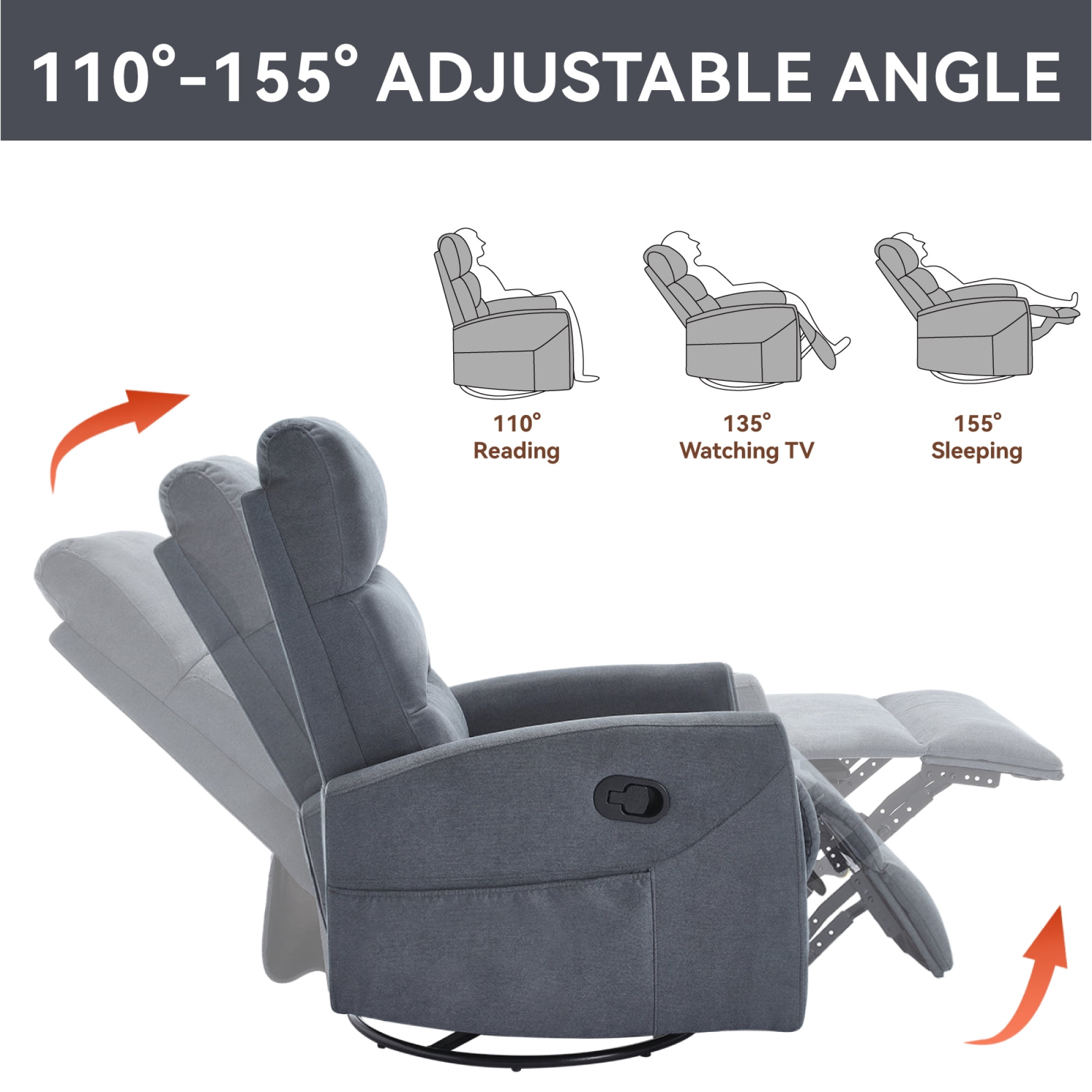 Manual Recliner Chair for Living Room,Swivel Recliner Chair with Footrest,Gray