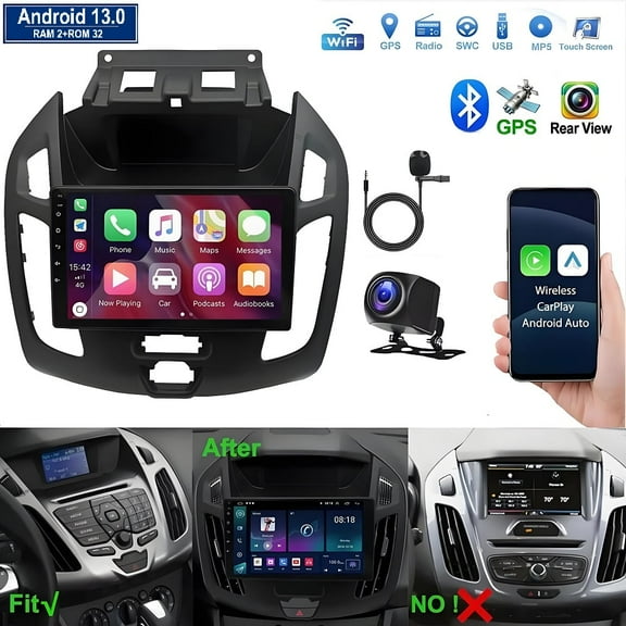 for Ford Transit 2014-2018 Radio, 2 32G Android 13 CarPlay Car Stereo with Android Auto 9'' Touch Screen Bluetooth Car Radio Support Mirror Link GPS WiFi SWC Backup Camera RDS DSP