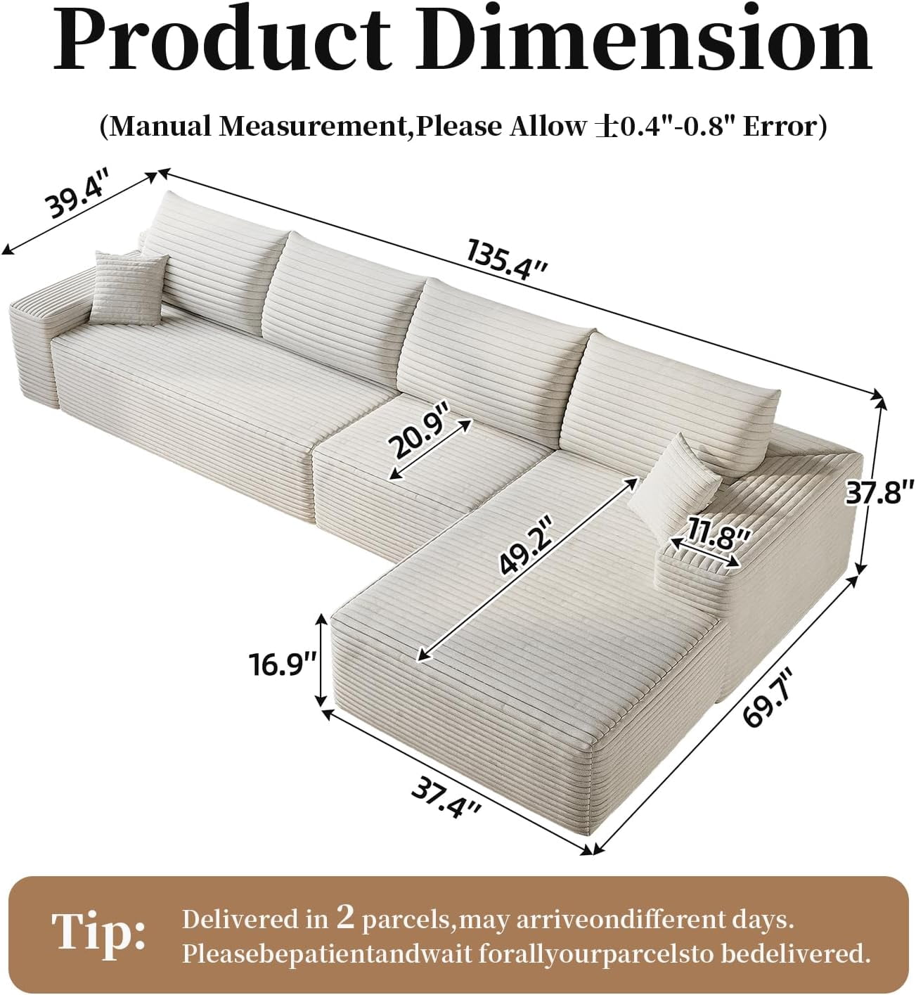 Sailvan 135" Cloud Sectional Couch, Cloudy Sofa with L-Shape Chaise, Upholstered Couches for Living Room & Bedroom, No Assembly Required, Plush Corduroy Fabric, Beige