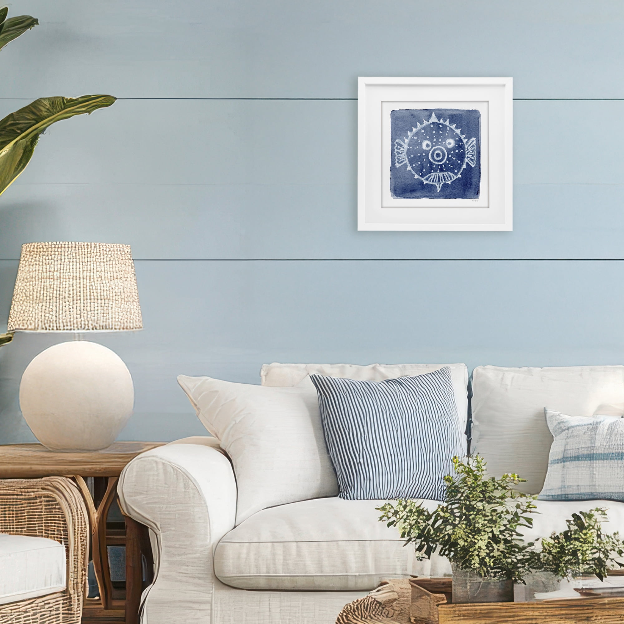 Stupell Industries White Blow Fish on Indigo White Framed Print Under Glass, design by Patti Bishop