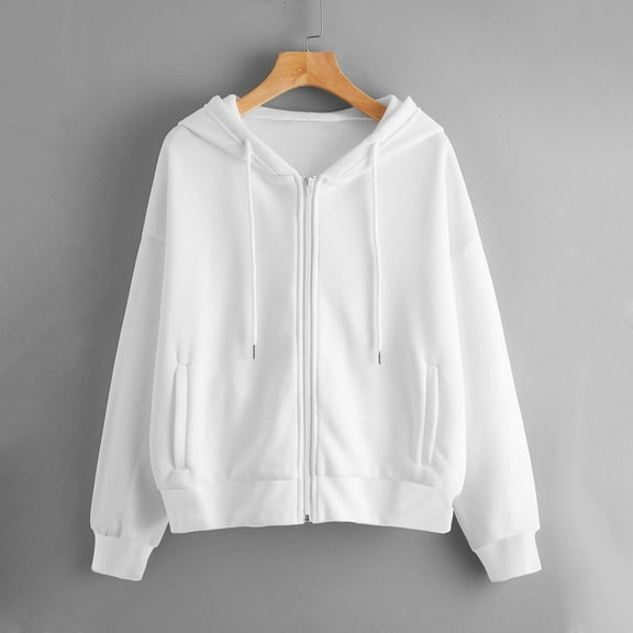 Women Casual Solid Long Sleeve Zipper Pocket Hoodie Womens Tops Fall Fashion 2023 White