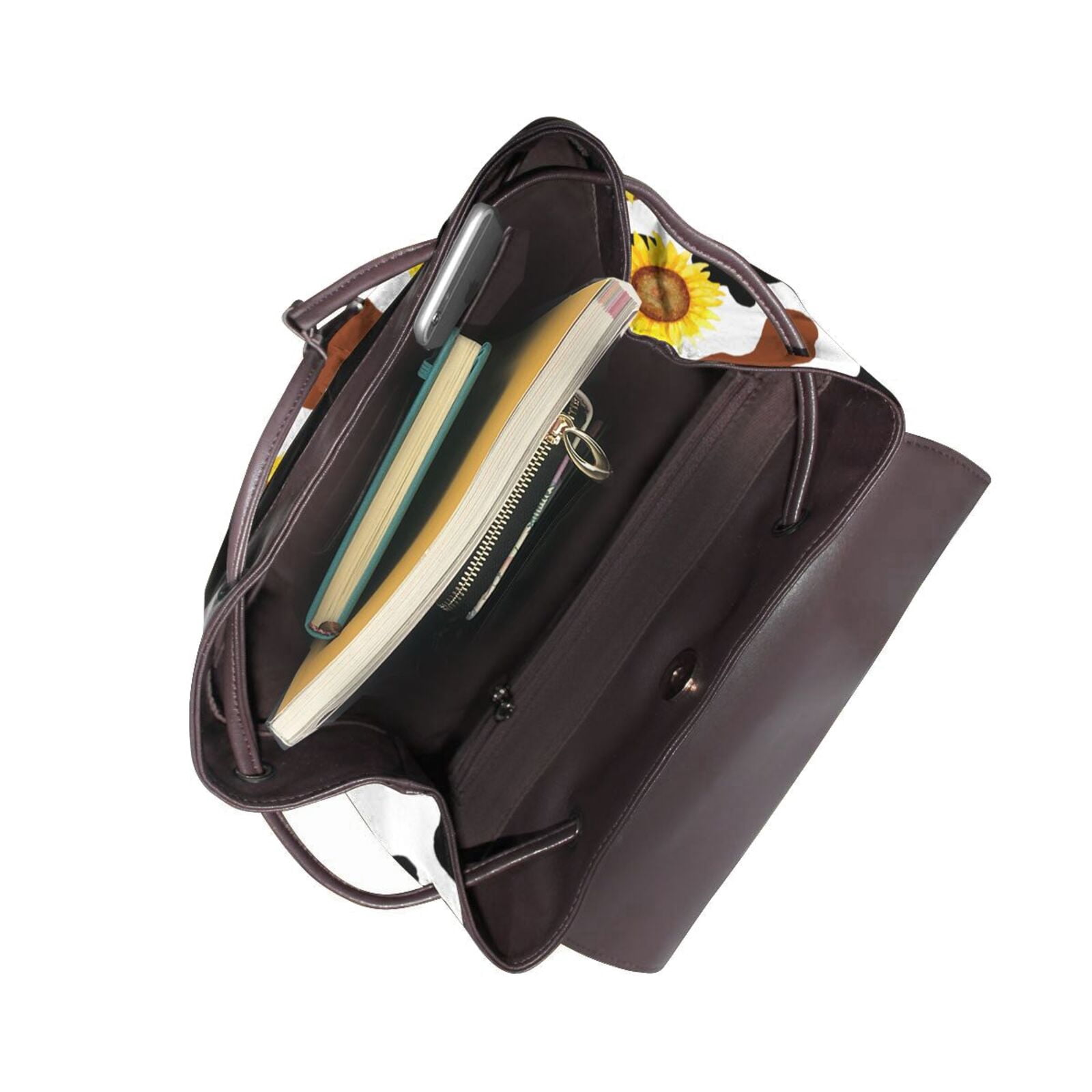 Xecao Sunflower Cow Print Large Backpack Soft Leather for Women Travel with Compartment, Adjustable Convertible Strap