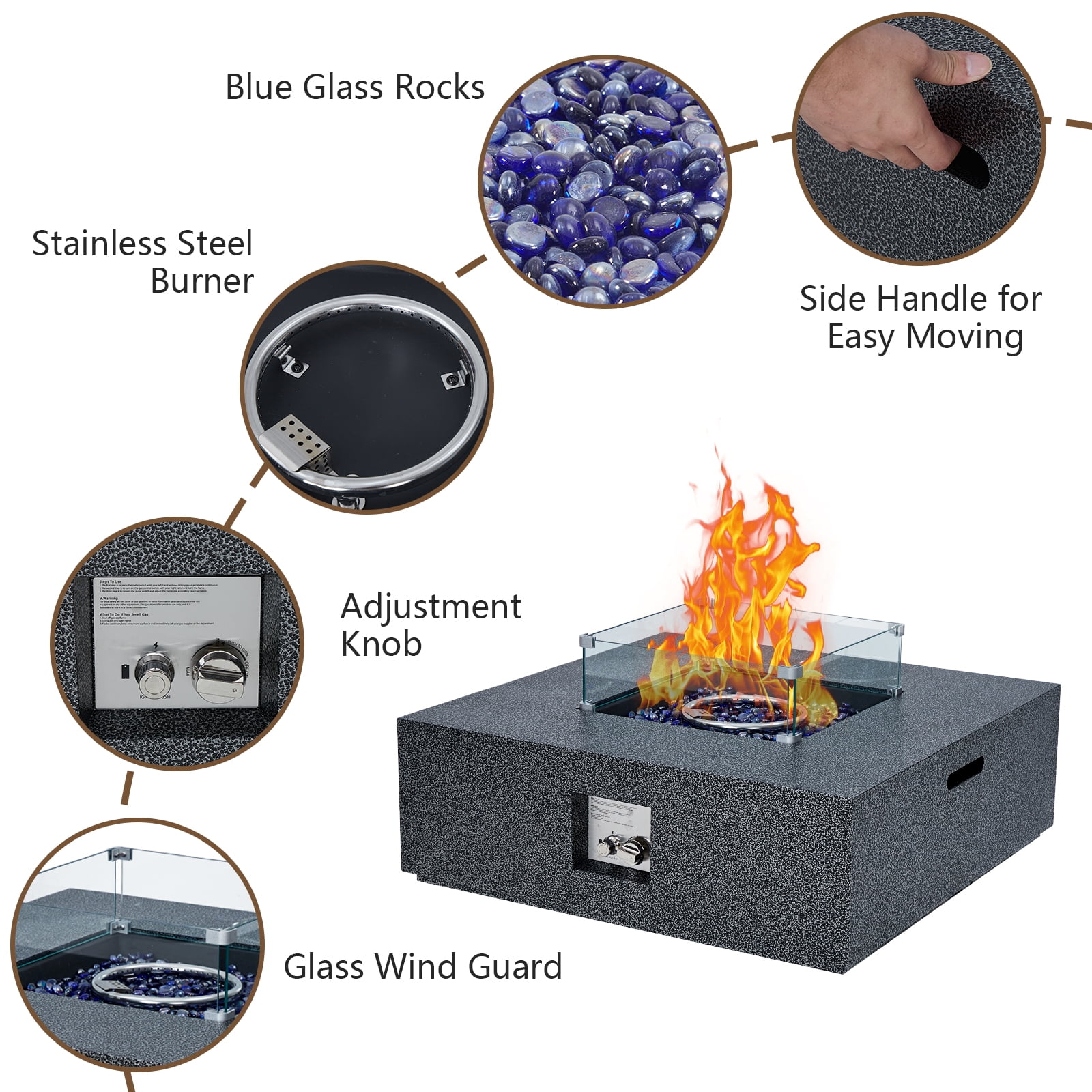 Towallmark 36 Inch 50,000 BTU Propane Fire Pit Table, Outdoor Gas Fire Pit with Wind Guard & Removable Lid, Steel Frame with Rain Cover for Patio, Deck, Garden, Silver
