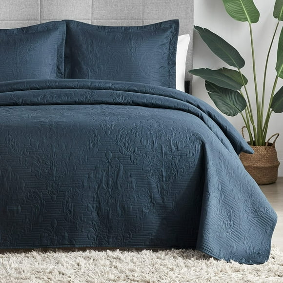 Juego de colcha Hansleep California King Navy de damasco de 3 piezas