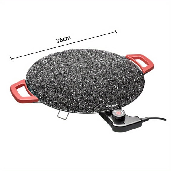 Round Multi-Purpose BBQ Pan Korean Style Electric Grill, Non-Stick Surface with Red Handle & Adjustable Settings, Ideal for Outdoor Barbecues Family Gatherings