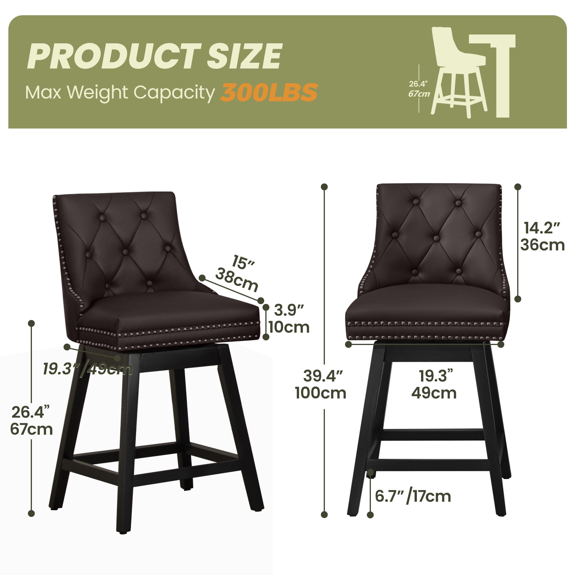 COOLHUT 26" Swivel Counter Height Bar Stools Set of 2 with Backs, Upholstered Bar Stools, Faux Leather Bar Chairs with Footrest for Kitchen Island, Red Brown