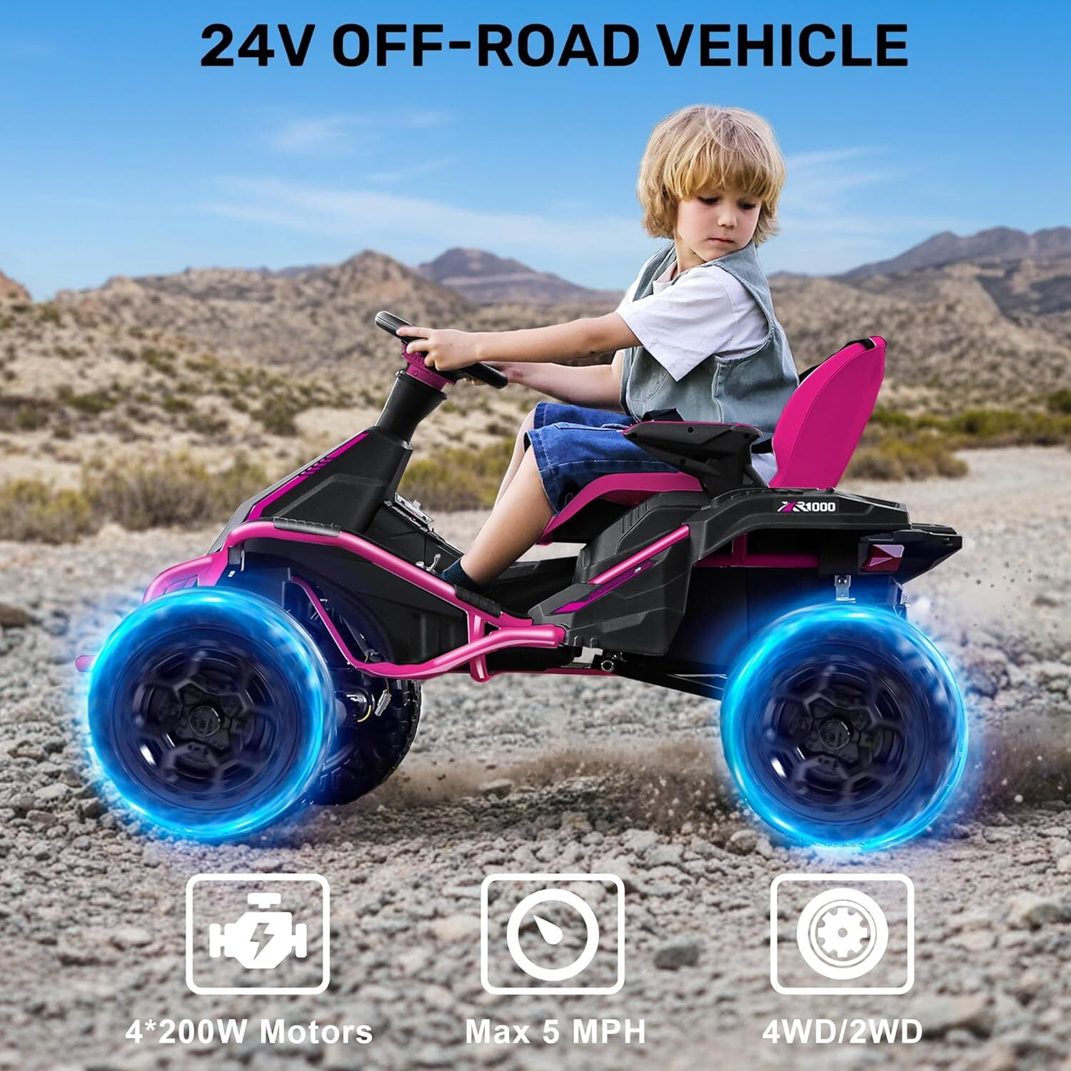 TOKTOO 24V Electric Ride On Car for Big Kids, 4WD Off Road Ride On Toy with Adjustable Seat, Parent Remote, Music & Lights, 4 Wheeler for Boys Girls, Pink