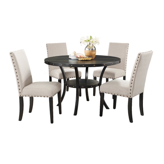 Miekor Furniture Biony Espresso Wood Dining Set with Tan Fabric Nailhead Chairs BS2136