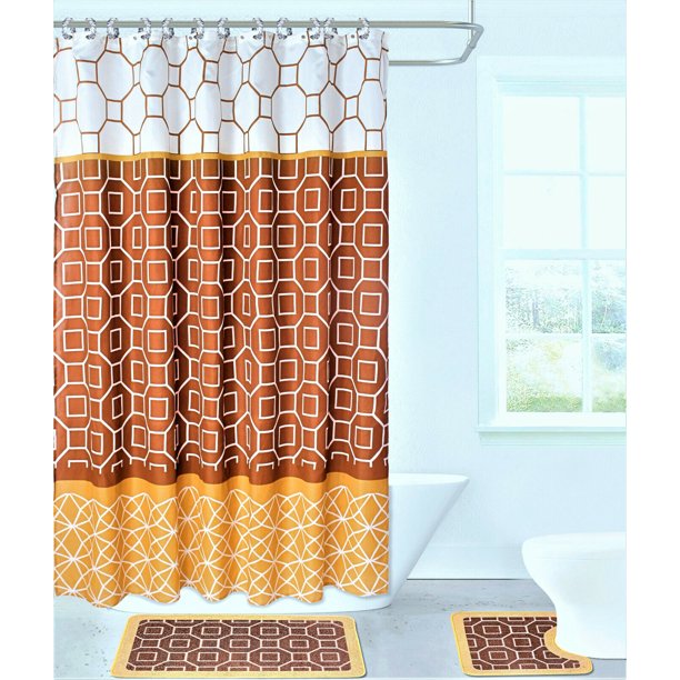 LUSH DECOR 15PC BATHROOM SET DIAMOND BOHEMIAN STRIPE PATTERN TAUPE