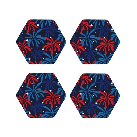

Drink Coasters Set of 4 Red White Blue Fireworks Leather Coasters for Coffee Table Protector Heat Resistant Cute Coasters for Home Decor Housewarming Gifts Bar Kitchen 4 Inch Hexagon