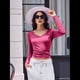 thumbnail image 5 of Camiseta Básica Ajustada de Punto Acanalado con Cuello en V y Larga para Mujer Rosa Roja L, 5 of 7