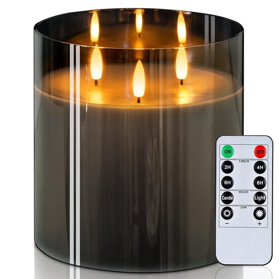 Homemory 6X6'' Extra Large Flameless Candle with 3 Wicks, Glass LED Pillar Candle, Real Wax Battery Operated Candle with Remote Control and Timer, Grey