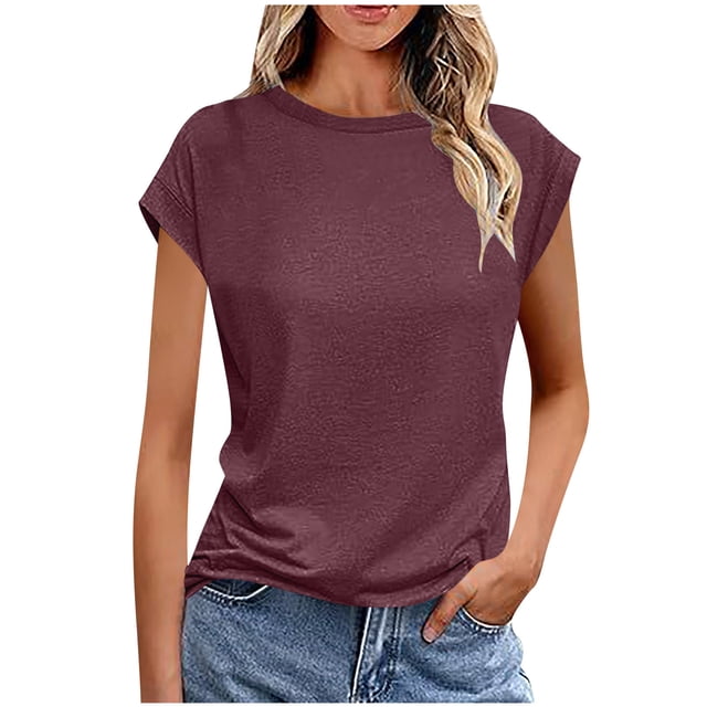 Bocqde T-shirts pour Femmes Mode Décontractée Couleur Unie Pull Col Rond Manches Courtes T-shirts d'Été Frais et Confortables