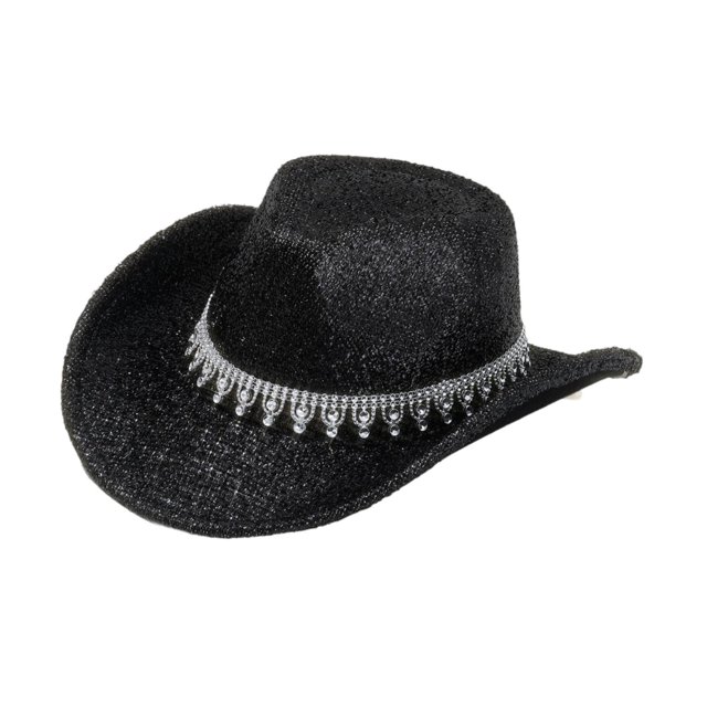 Sombrero de vaquero elegante y brillante, gorra de ala ancha para conciertos, fiestas y juegos de rol. Negro