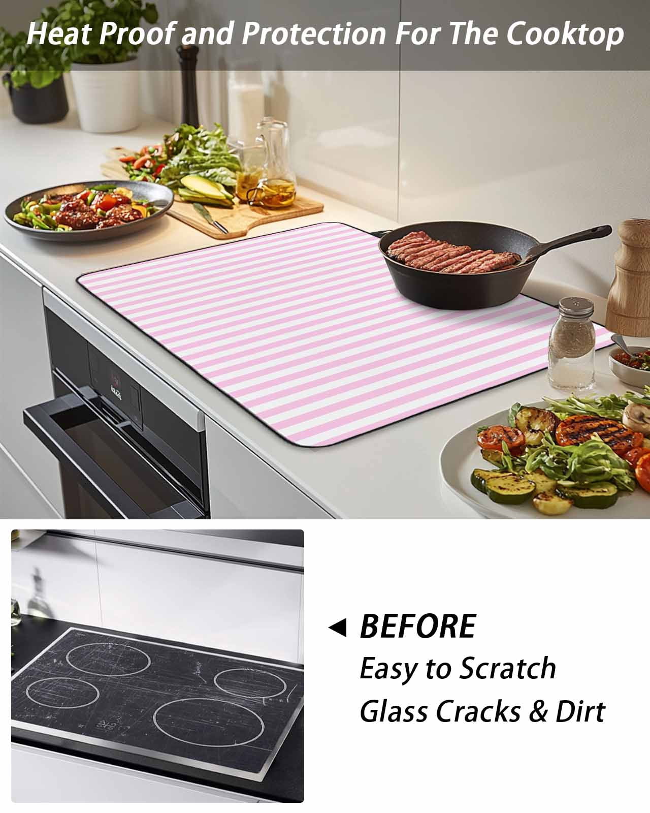 Stove Top Covers for Electric Stove, Pink White Stripe Glass Stovetop Cover Protector, Modern Minimalist Geometric Striped Induction Cooktop Protector Oven Mat for Kitchen Countertop 24"x21"
