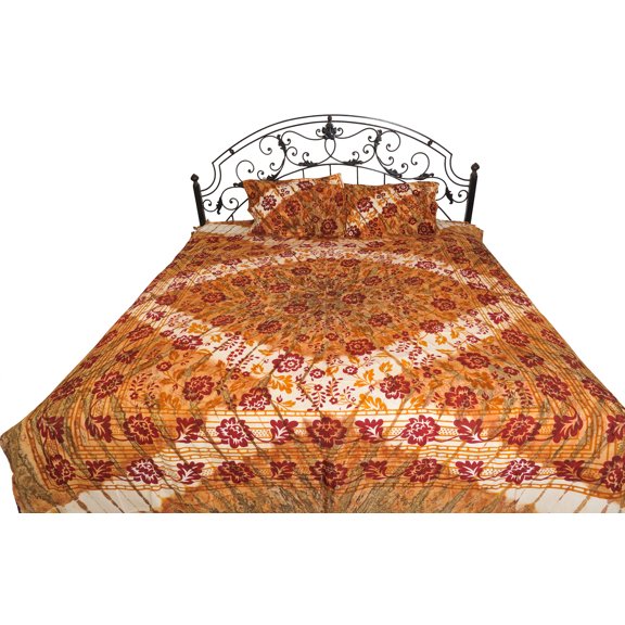 Exotic India Pure Cotton Bedspread Batik-Dyed with Printed Flowers And Two Pillowcase set