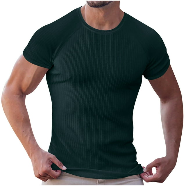 Besolor T-Shirts à Manches Courtes pour Hommes Été Décontracté Basique Col Ras du Cou Ajusté Extensible Hauts