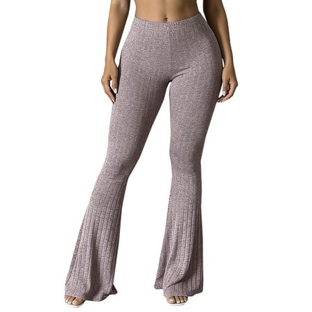 Wide Leg Knit Pants for Women Comdrip Women s High Waisted Yoga Leggings Comfy Stretch Ribbed Knit Flare Pants Long Slacks Trousers Ribbed Knit Pants Light Violet L