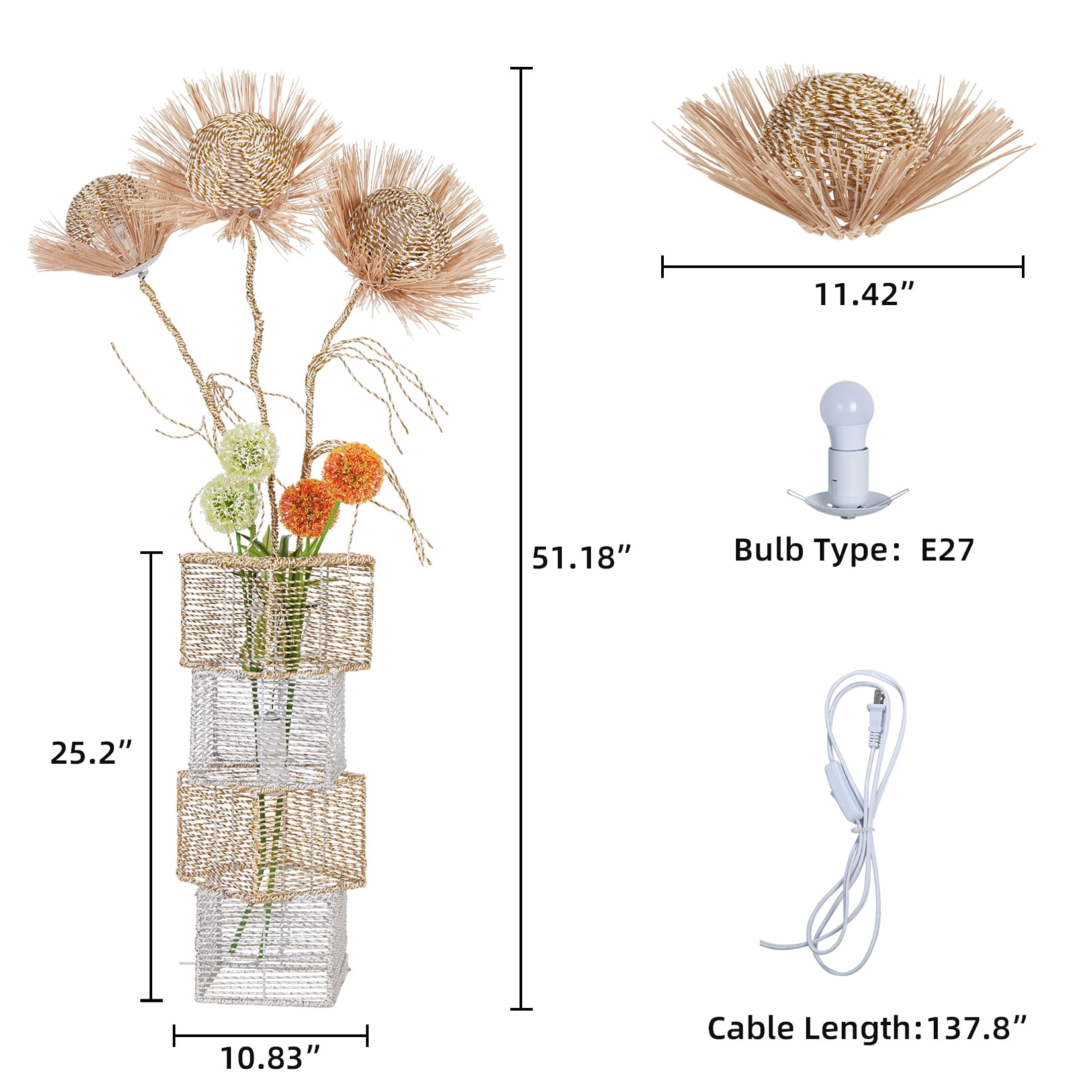 LUVODI Modern Decorative Rattan Floor Lamp Pastoral Hand-Woven Flower Night Light for Reading Living Room