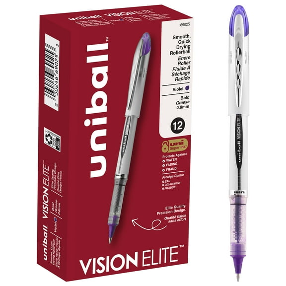 uniball Vision Elite Rollerball Pens, Bold Point (0.8mm), Violet Ink, 12 Count