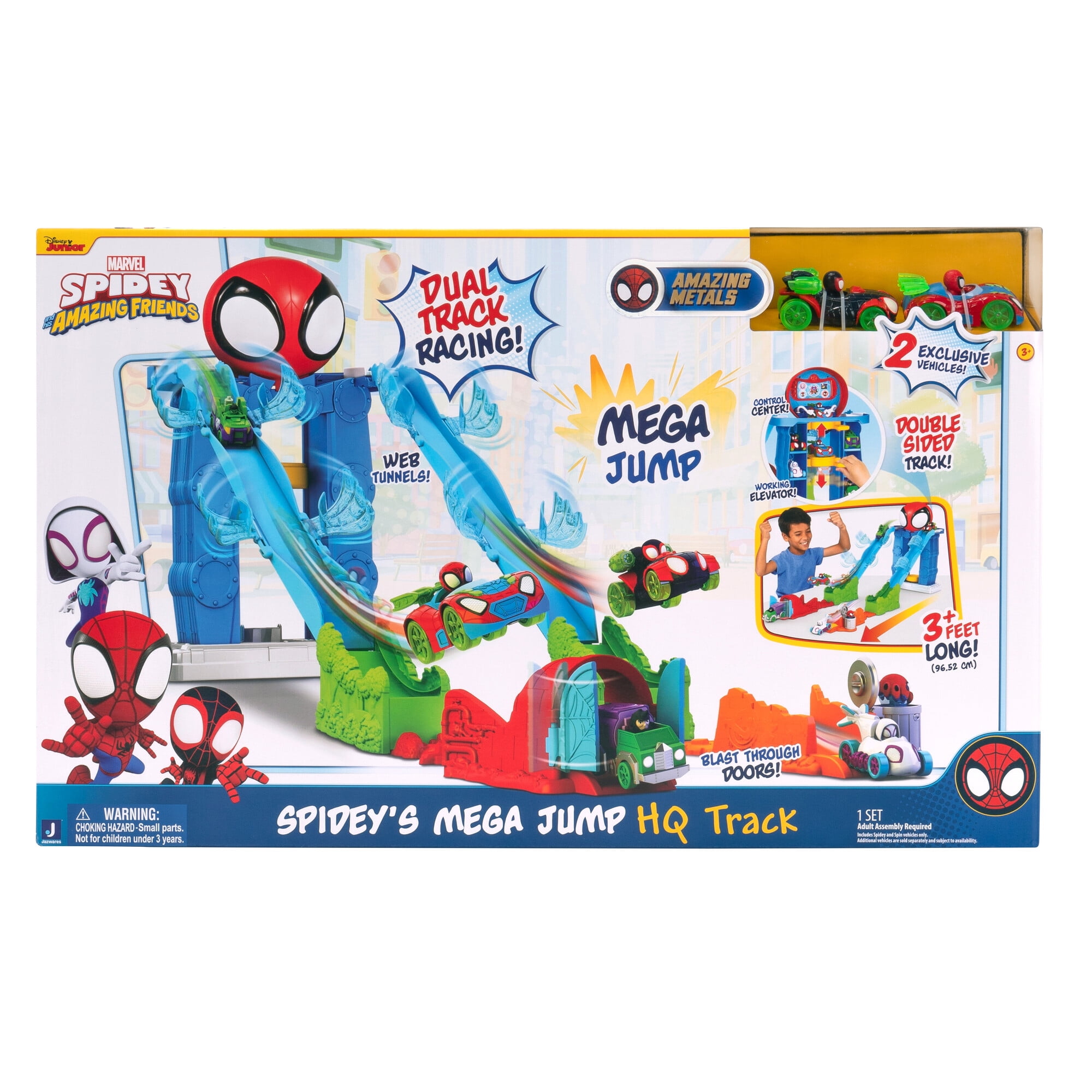Marvel Spidey and His Amazing Friends, Spidey’s 39 inch Dual Race Mega Jump HQ with Vehicle Toddler Toy