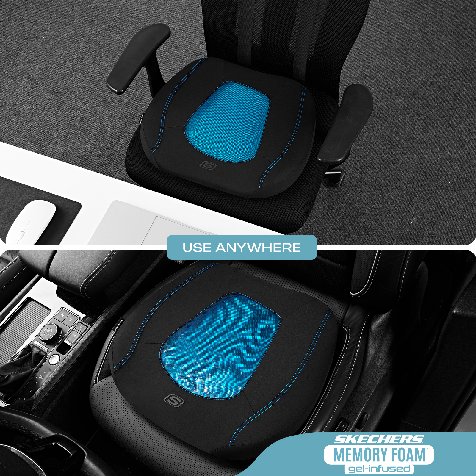 Skechers Car Seat Cushion, Gel Infused Memory Foam Seat Cushion, Cooling Breathable Car Cushion, Non-Slip Driving Seat Cushion, Ergonomic Support Cushion for Car Truck Office Chair, Black