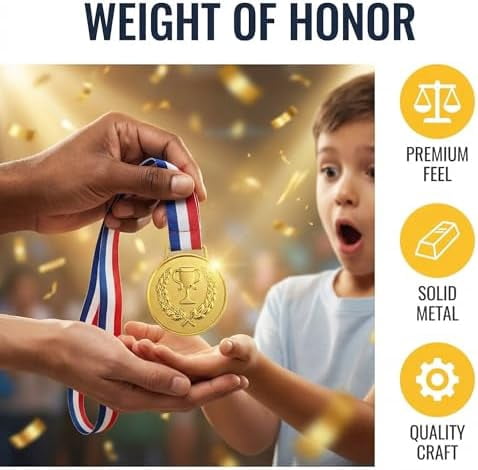 Gold Medals, 12 Pack Metal Award Medals for Kids and Students, Classroom Rewards for Teachers, School Competitions, Sports Events, and Family Party Games